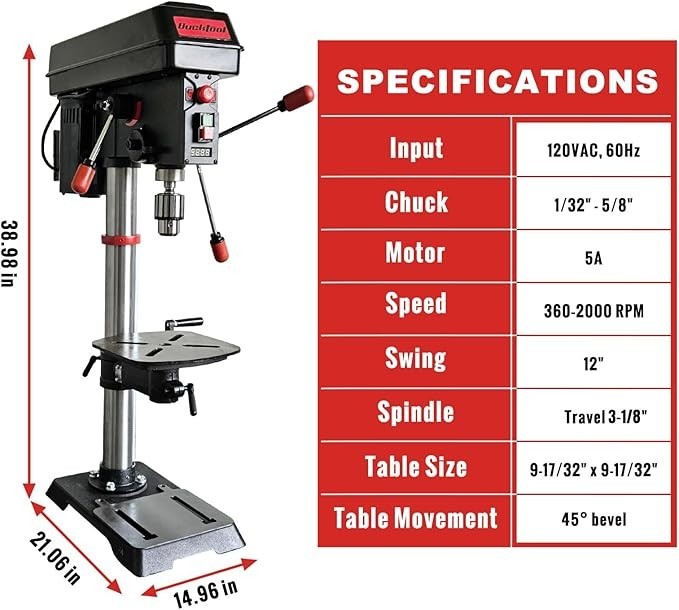 BUCKTOOL 12'' 6 Pole Motor Variable Speed Bench Drill Press 360–2000RPM,DP12VL-2