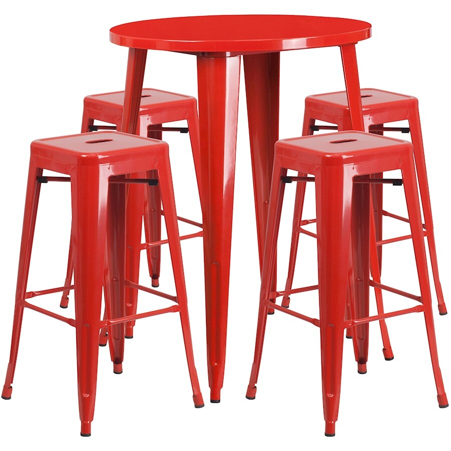 Flash Commercial Grade 30" Round Red Metal Bar Table Set & 4 Backless Stools