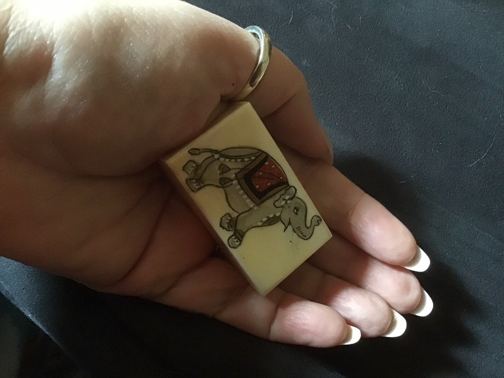 RARE Hand Painted Elephant On Solid Camel Bone Trinket Box From India