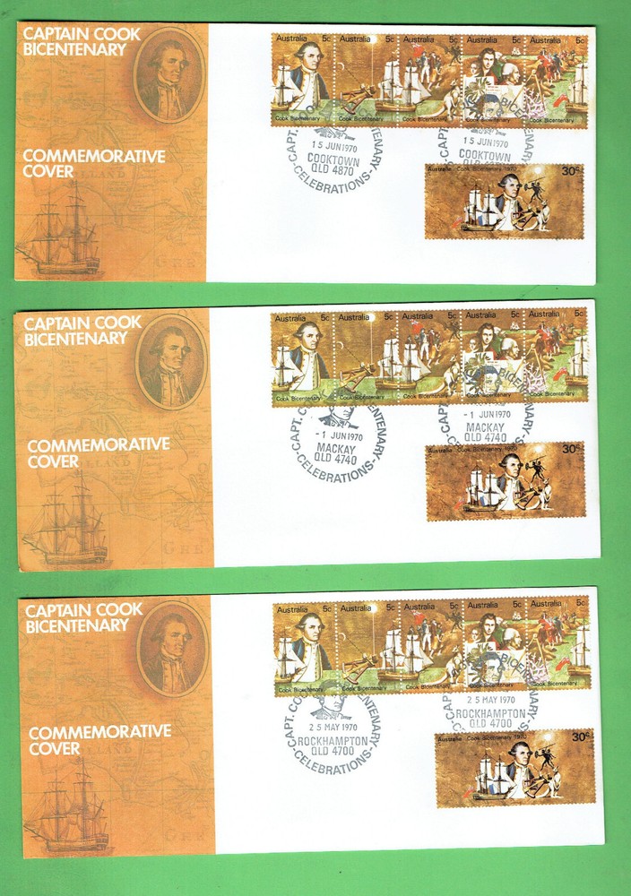 #D370. TWELVE(12) 1970 CAPTAIN COOK COMMEMORATIVE COVERS - DIFFERENT CANCELS