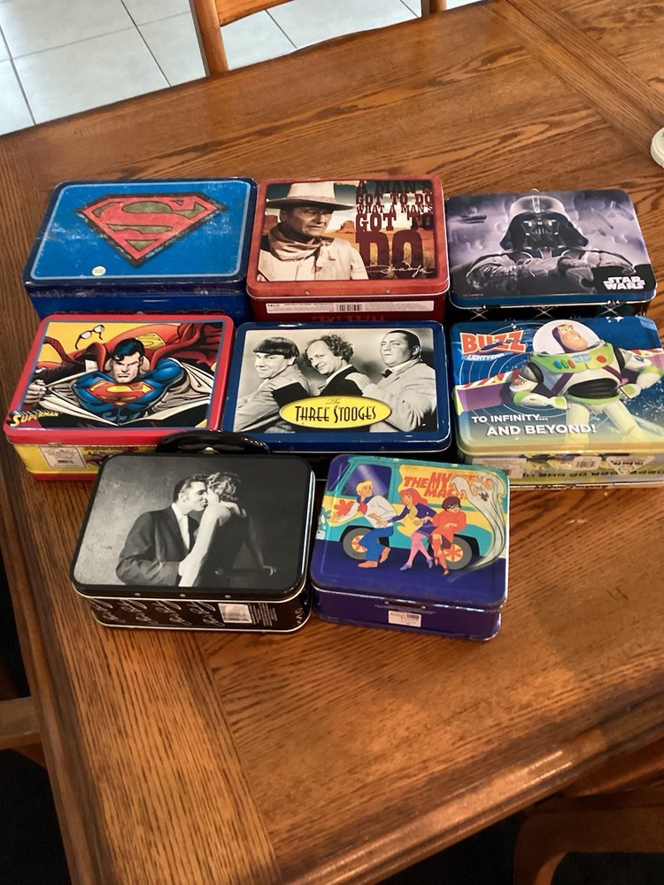 8 Different Lunchboxes, Superman,J. Wayne, Star Wars, Stooges, Buzz,Scooby,Elvis