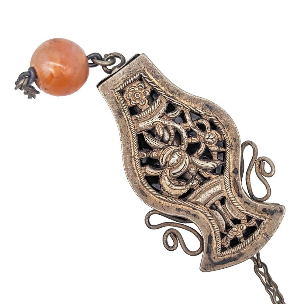 Antique Chinese Export Silver Needle Case Agate Bead Cicada Clip Openwork Vase