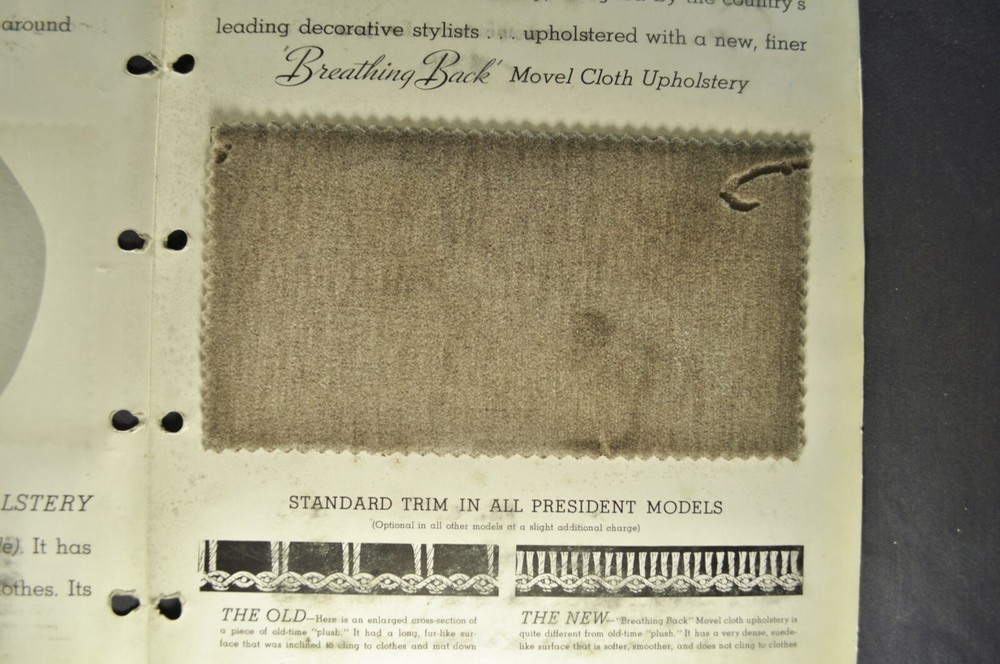 1939 Studebaker President Movel Upholstery Sample Data Book Insert Original 39