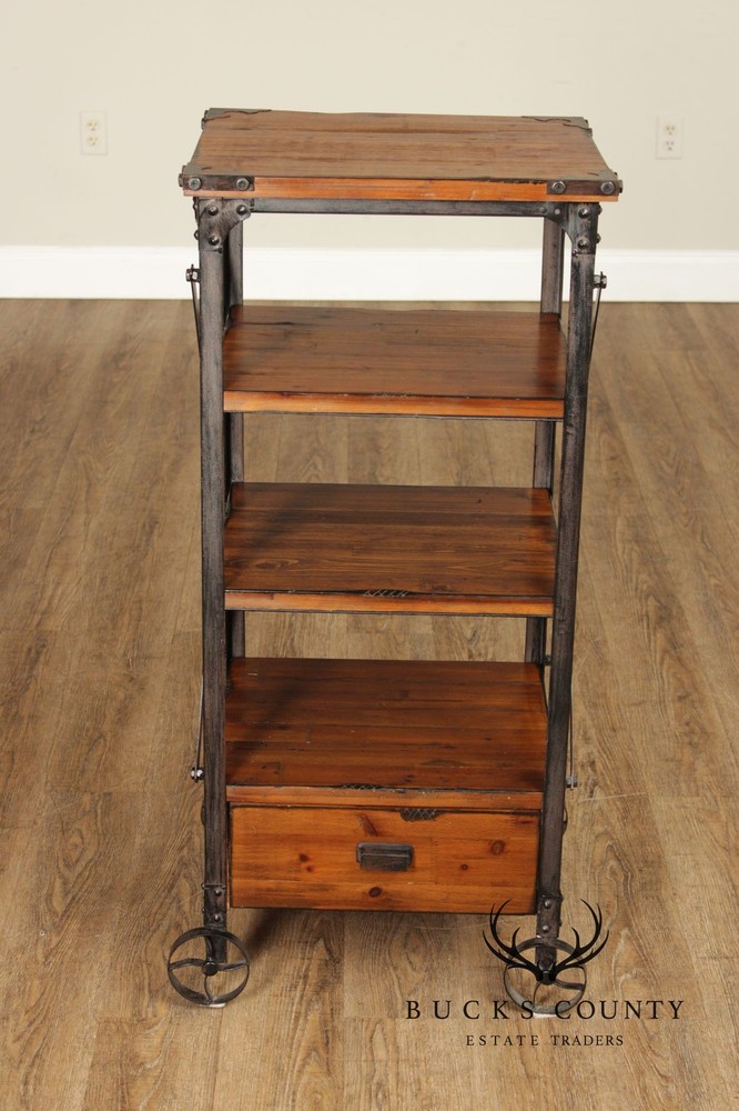 Industrial Rustic Pine And Iron Rolling Shelf With Drawer
