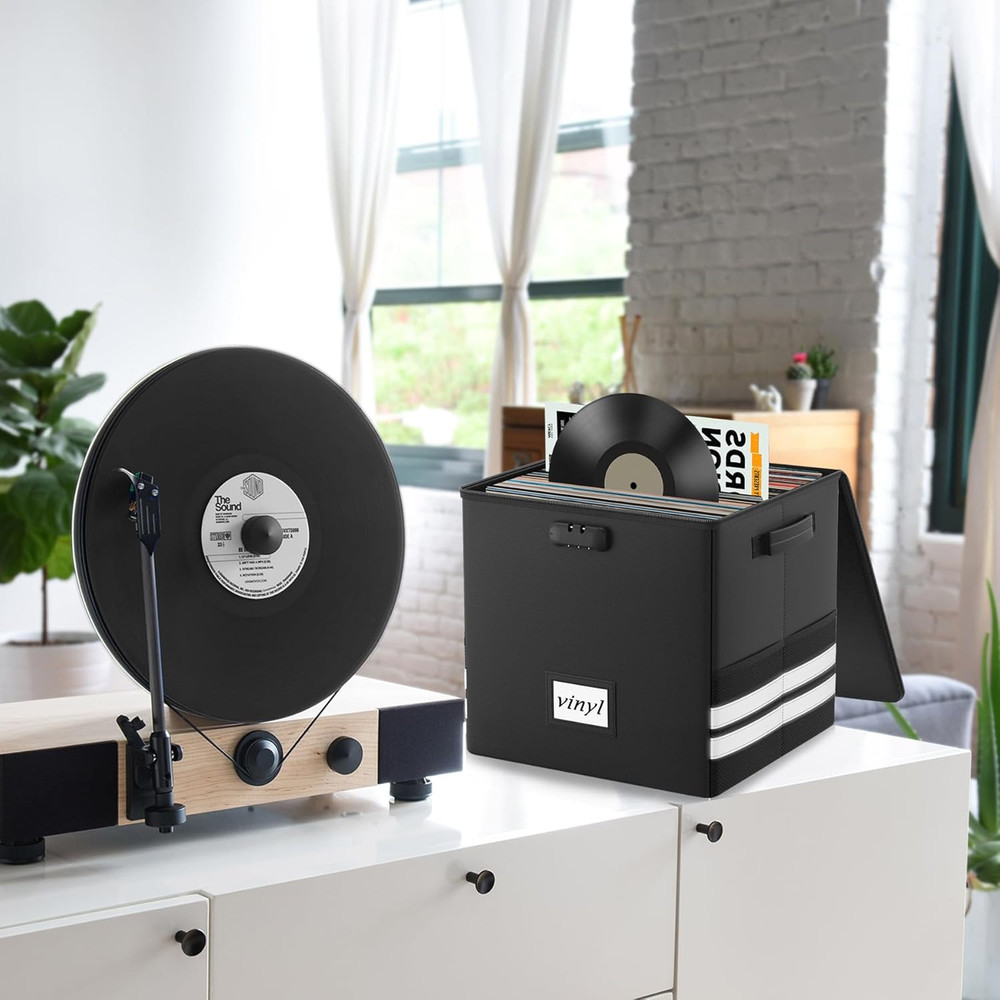 Vinyl Record Storage Box with Lock, Fireproof Waterproof Resistant Organizer