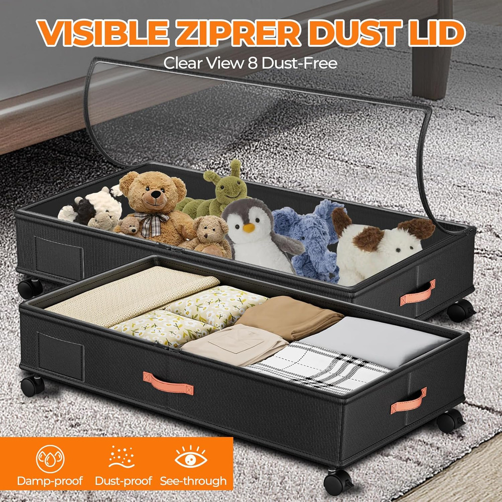 Under Bed Storage with Wheels,2-Pack under Bed Storage Containers with Clear Lid