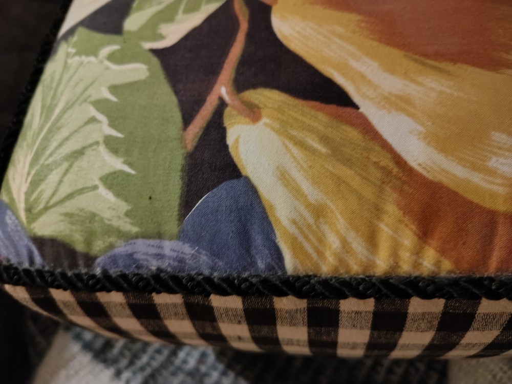 Low Upholstered Ottoman - Fruit Theme & Black & White Check Fabric-10 X 12X 7