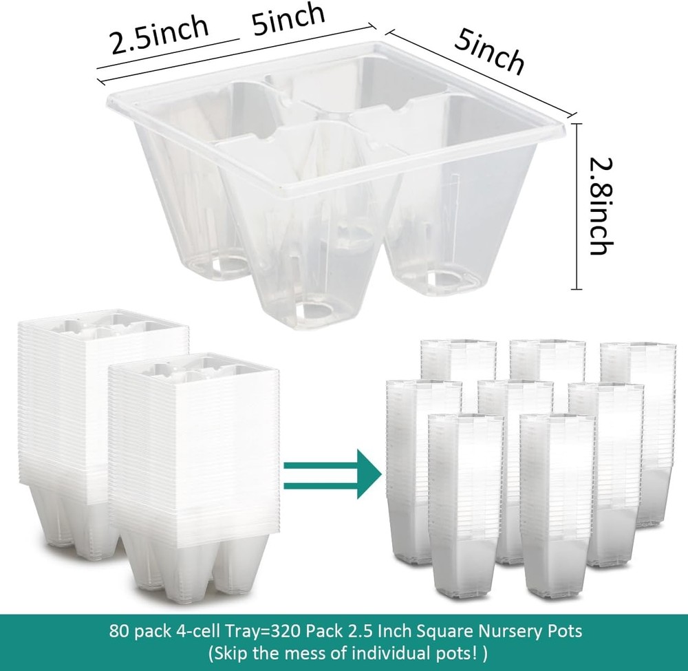80 Pack Reusable 4-Cell Clear Seed Starter Trays - Extra Large Drainage Holes, E