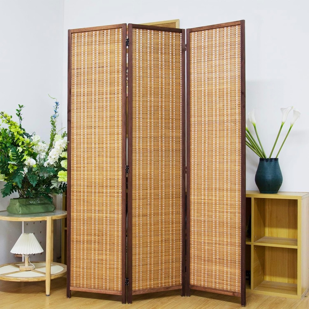 3 Panel Bamboo Room Divider Screen,5.6 FT Tall Bamboo Divider Folding Panel