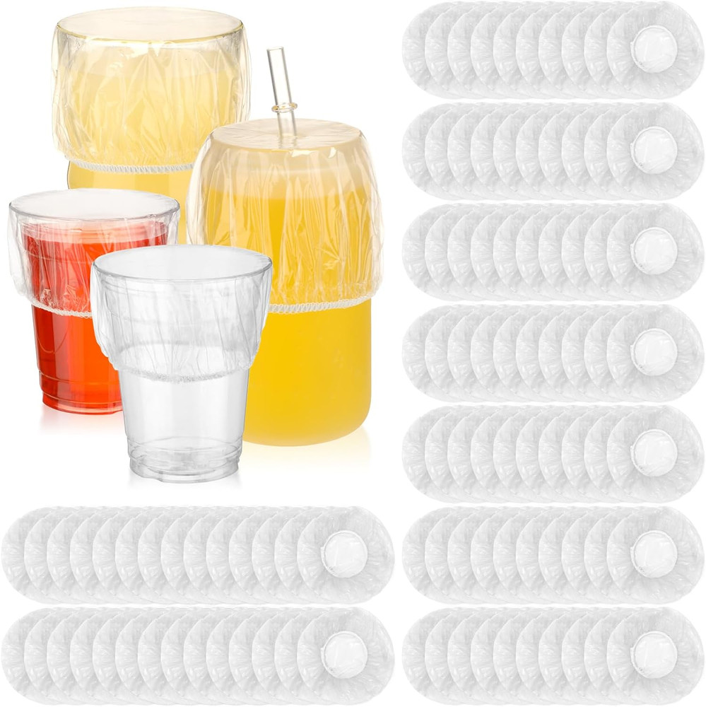 100 Pcs Scrunchie Drink Covers - Bulk Disposable Plastic Covers for Cups & Bever