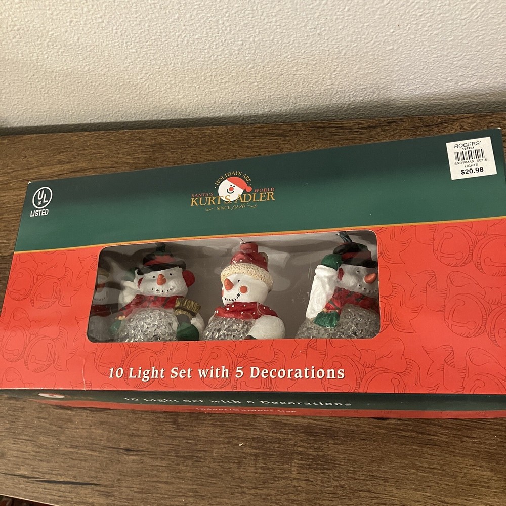 Kurt S Adler 10 Light Set with 5 Melted Plastic Popcorn Snowman String Light Box
