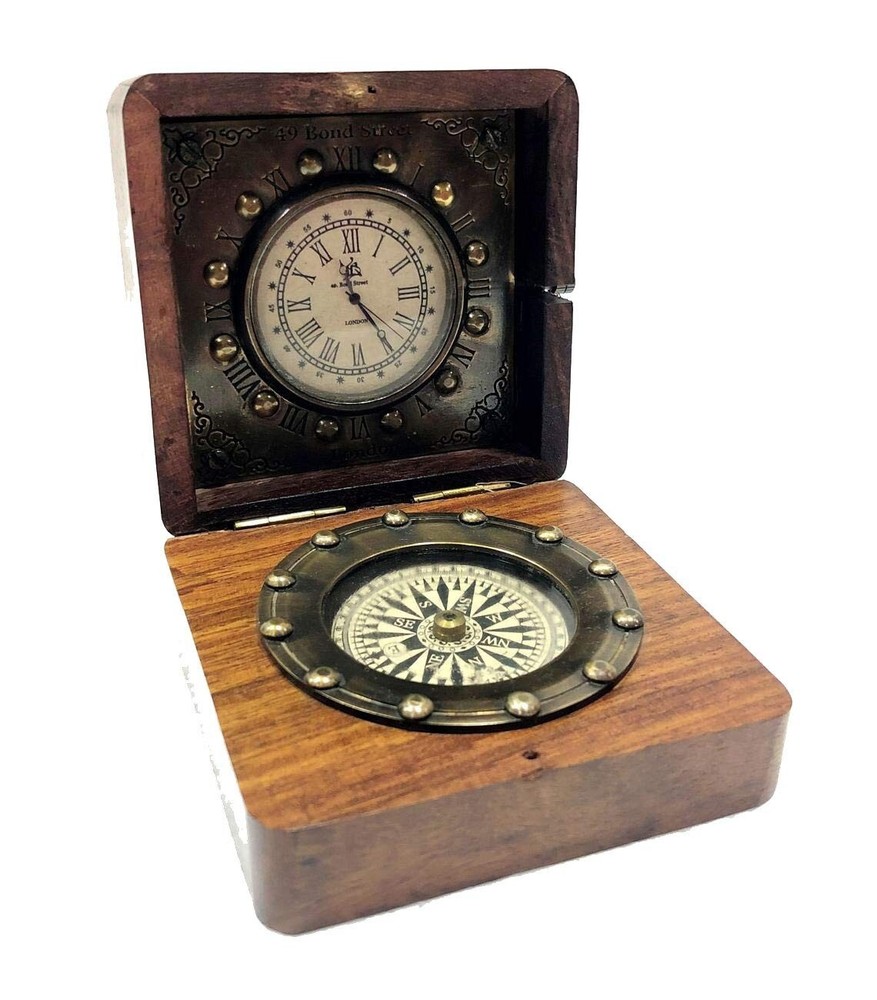 Antique Pocket Compass Analog Clock 3.5" Brass Navigation Pocket Solid Brass