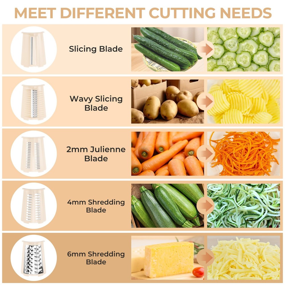 Rotary Cheese Grater with Handle, Vegetable Slicer, 6 Interchangeable Blades,...
