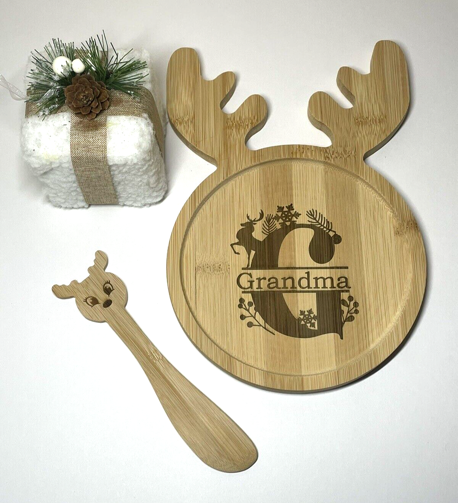 Personalized Laser Engraved Bamboo Reindeer Holiday Cheese Board Set Platter