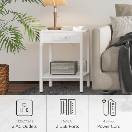 End Table with Charging Station, 2-Tier Nightstand with Storage 1 White