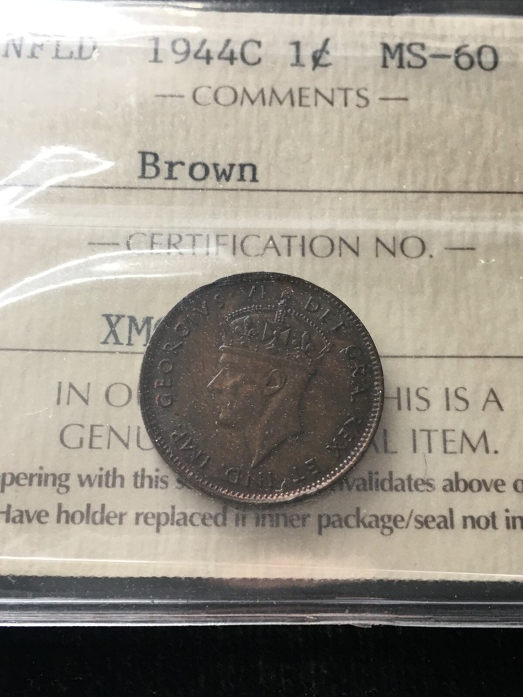 1944c, ICCS Graded Newfoundland, Small One Cent, **MS-60**