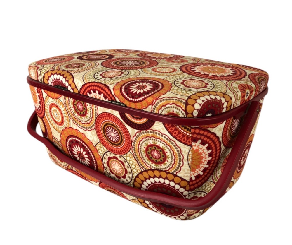 Dritz St Jane Sewing Basket Medium Rectangle Red Orange Circles Fabric Covered