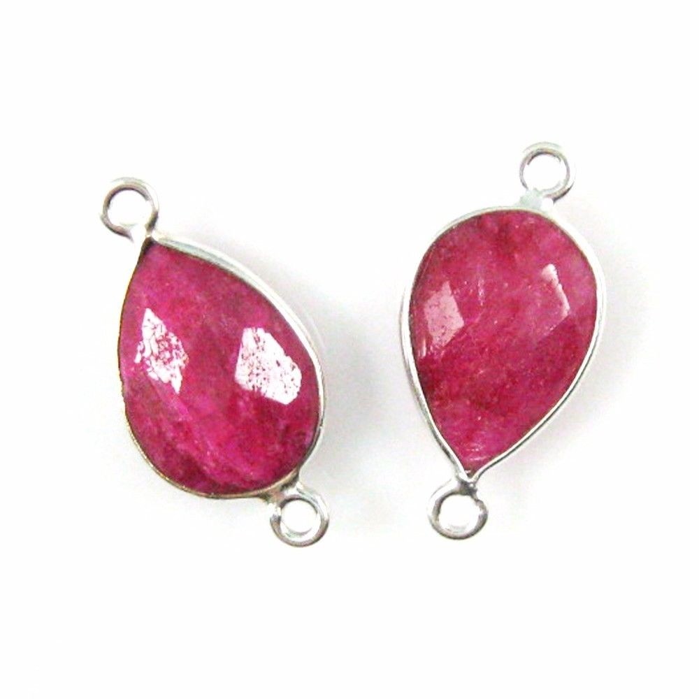 Bezel Gem Links - Sterling Silver - Faceted Teardrop  Shape - Dyed Ruby (2 Pcs)
