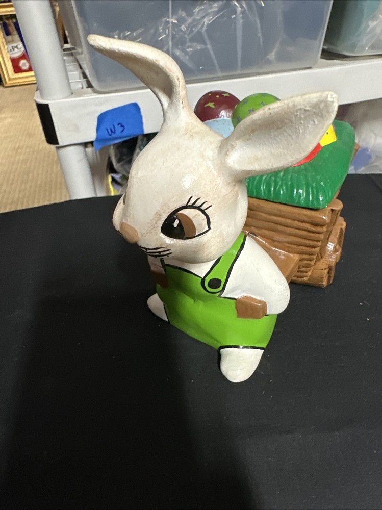 Vintage Ceramic Bunny Wagon Easter Eggs Anthropomorphic Figurine Easter Holiday