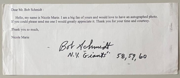 BOB SCHMIDT, 100% AUTHENTIC AUTOGRAPHED LETTER, NY GIANTS LEGEND !