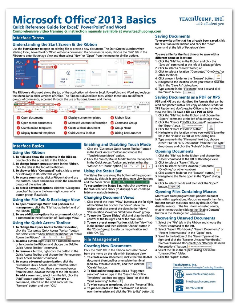 Microsoft Office 2013 Training Guide Quick Reference Card 2 Page Cheat Sheet