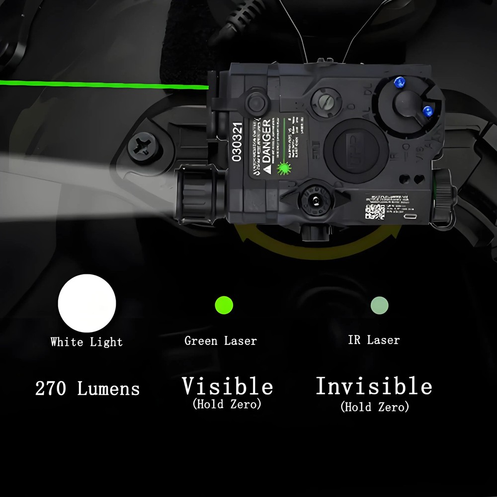 Visible Green Laser with IR & White LED Flashlight, Battery Powered