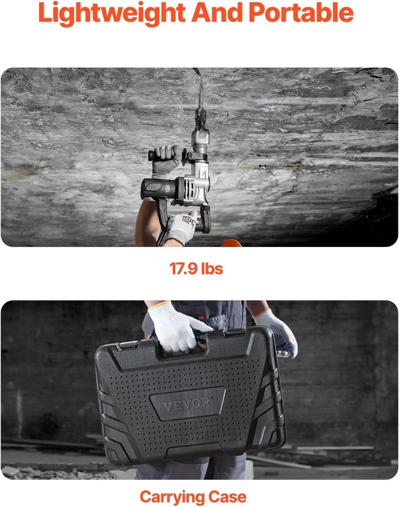 Heavy Duty 1400W Jackhammer with Shock Absorbing Handle & 2 Chisel Bits Included