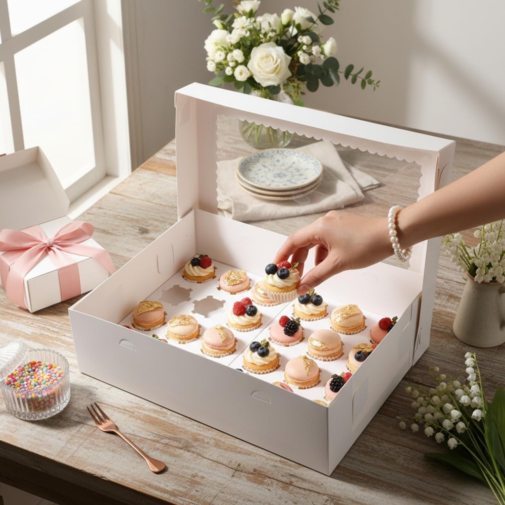 6 Pack Cupcake Boxes with Window White Bakery Boxes Holds 24 Mini Cupcakes Ba...