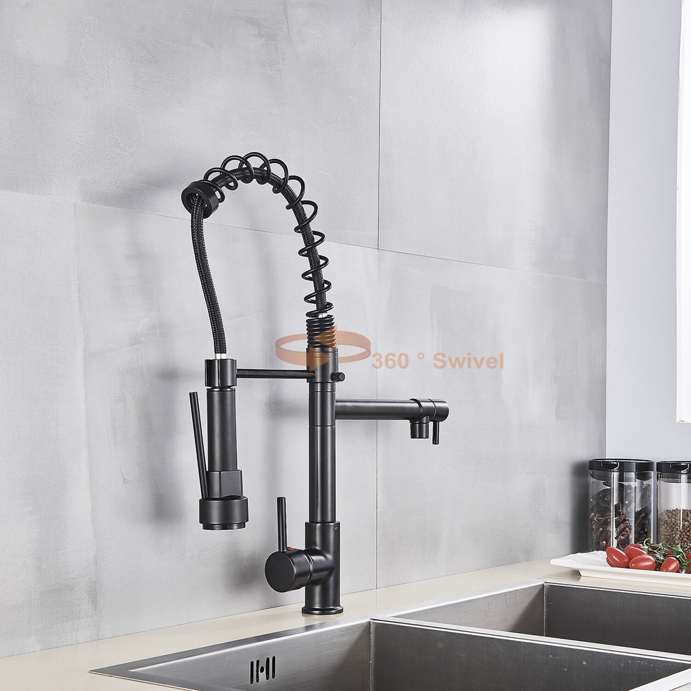 Matte Black Kitchen Sink Faucet Spring Pull Down Sprayer Mixer Tap Deck Mounted