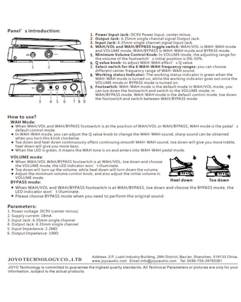 JOYO WAHII Multi Function WAH / Volume Guitar Pedal with Q Control