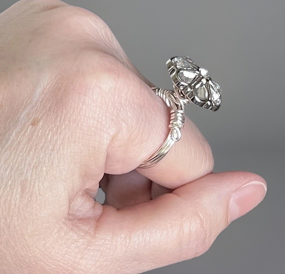 Unique Silver and Crystal Wire Wrapped Button Ring Size 8