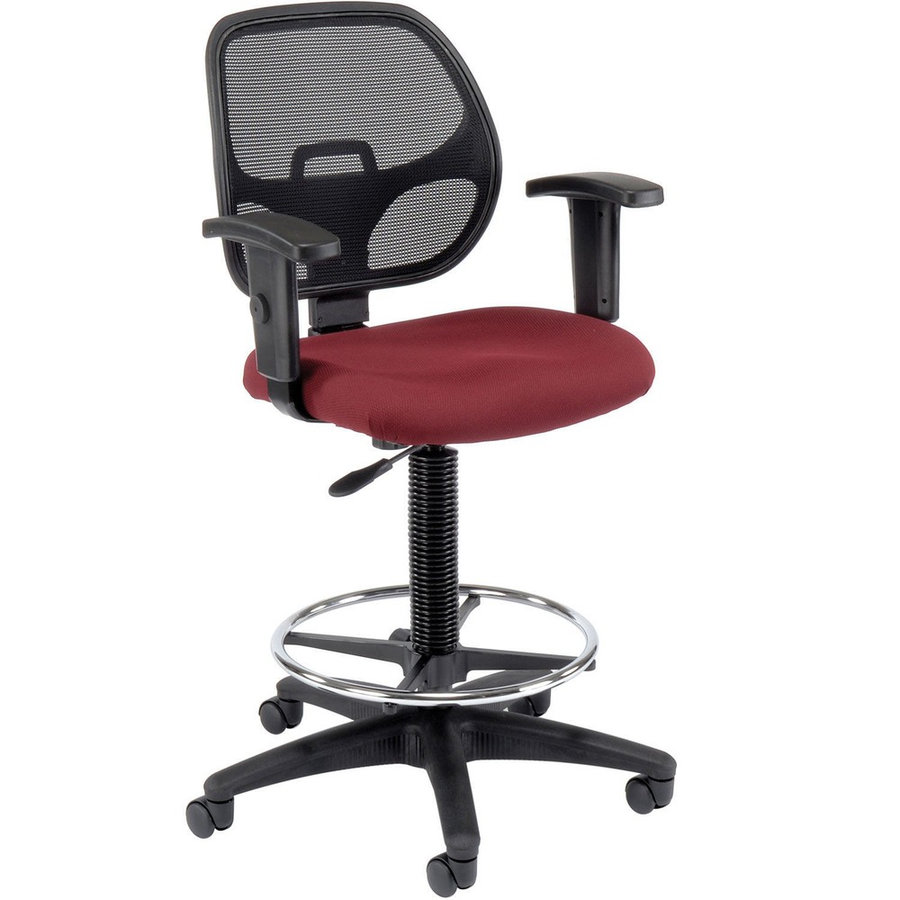 Drafting Stool Fabric Red Adjustable Arms Mid Back