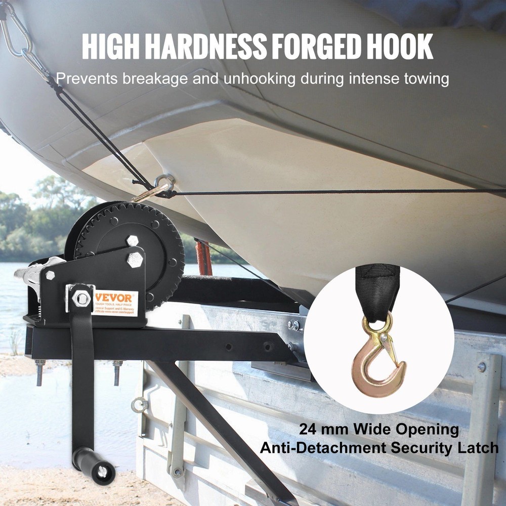 Robust Hand Crank Winch 2000lb 23ft Polyester Line Secure Hook