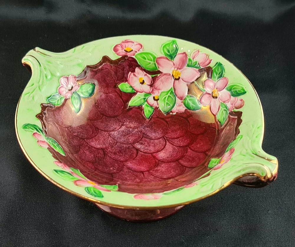 Maling Ware Hand Painted "Blossom Bough" Two Handle Dish c1960s