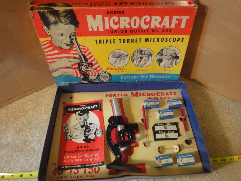 Vintage Porter Chemical, Microcraft, 3 objective microscope set 205, complete!