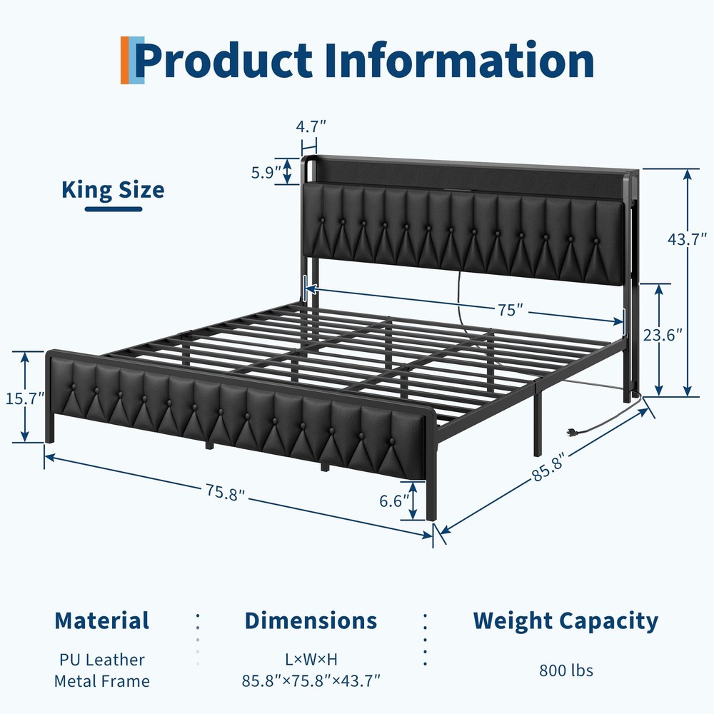 Platform Bed Frame King Upholstered with 12" Underbed Storage Charging Station