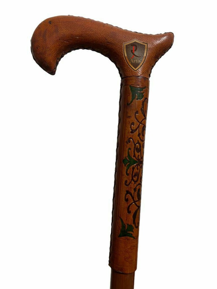 Handmade leather derby head handle working leather walking stick cane best style