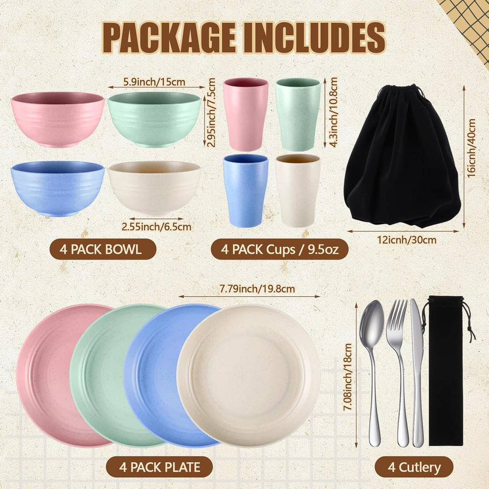 4 Sets Camping Mess Kits for 4 Person Camping Silverware Set Include Cup, Bowl,