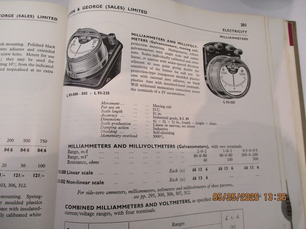 (108#) GALVANO METER, 1950's CATALOGUE FOR SPEC {PHYSICS}