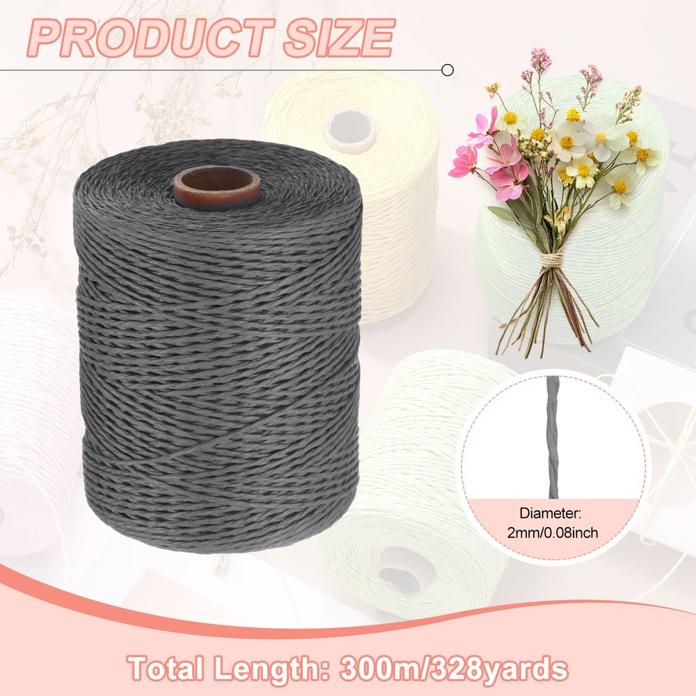 328 Yards Raffia Ribbon, 2mm Raffia Paper String for Wrapping, Grey