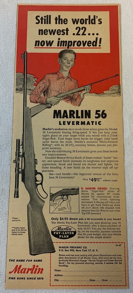 1957 Marlin Firearms ad ~ MARLIN 56 LEVERMATIC .22