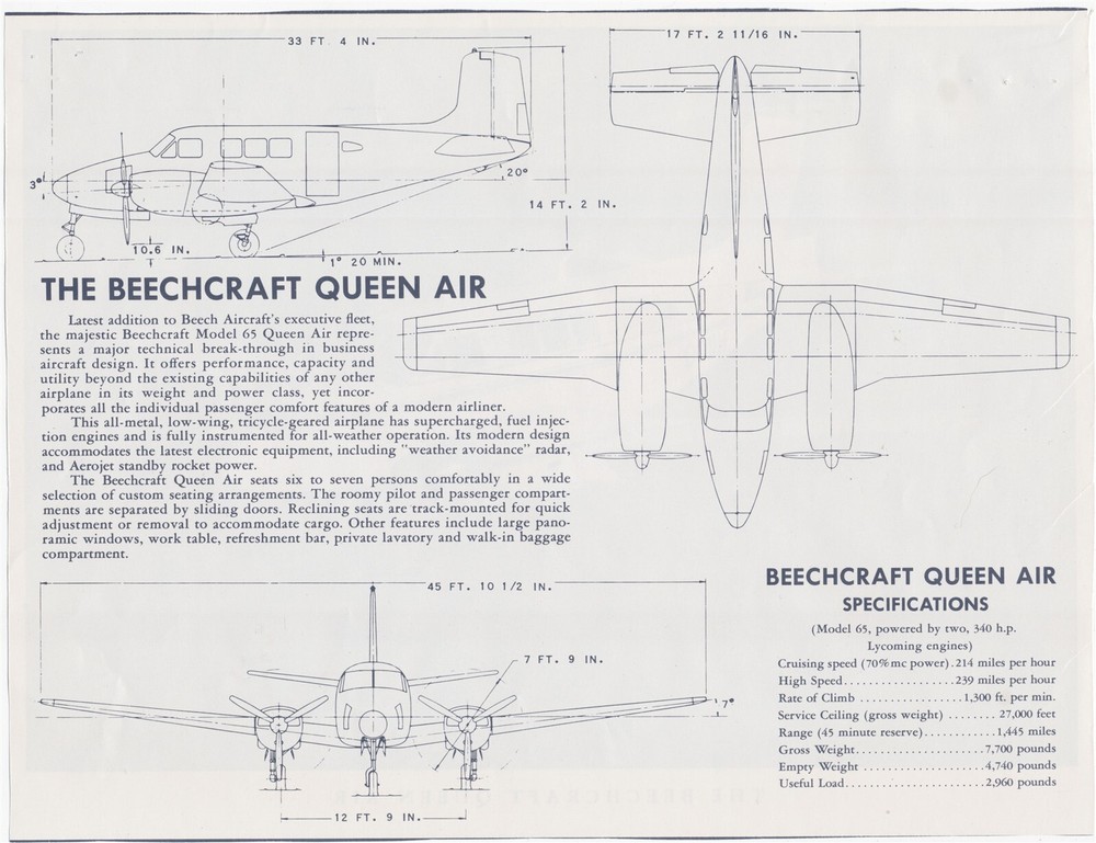 The Beechcraft Queen Air Model 65 Print With Specifications And Selling Points