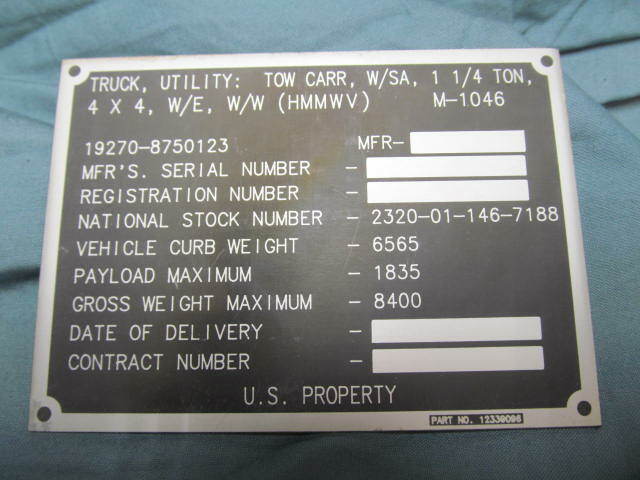 M-1046 Humvee Blank Data Plate