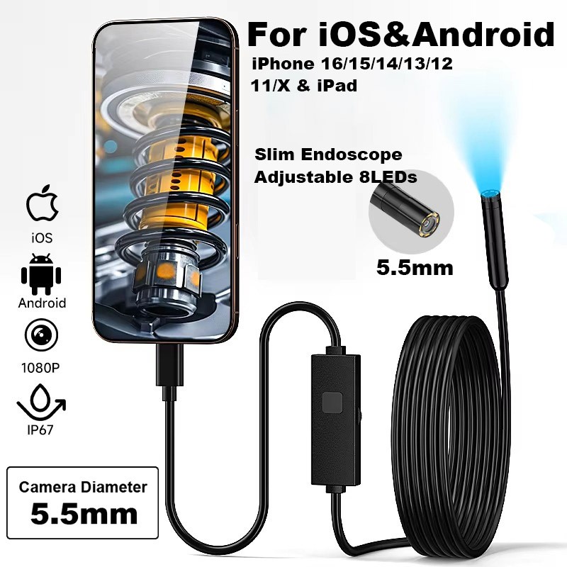 2in1 Borescope Endoscope Inspection Scope Camera For Android/Samsung/iPhone/IOS
