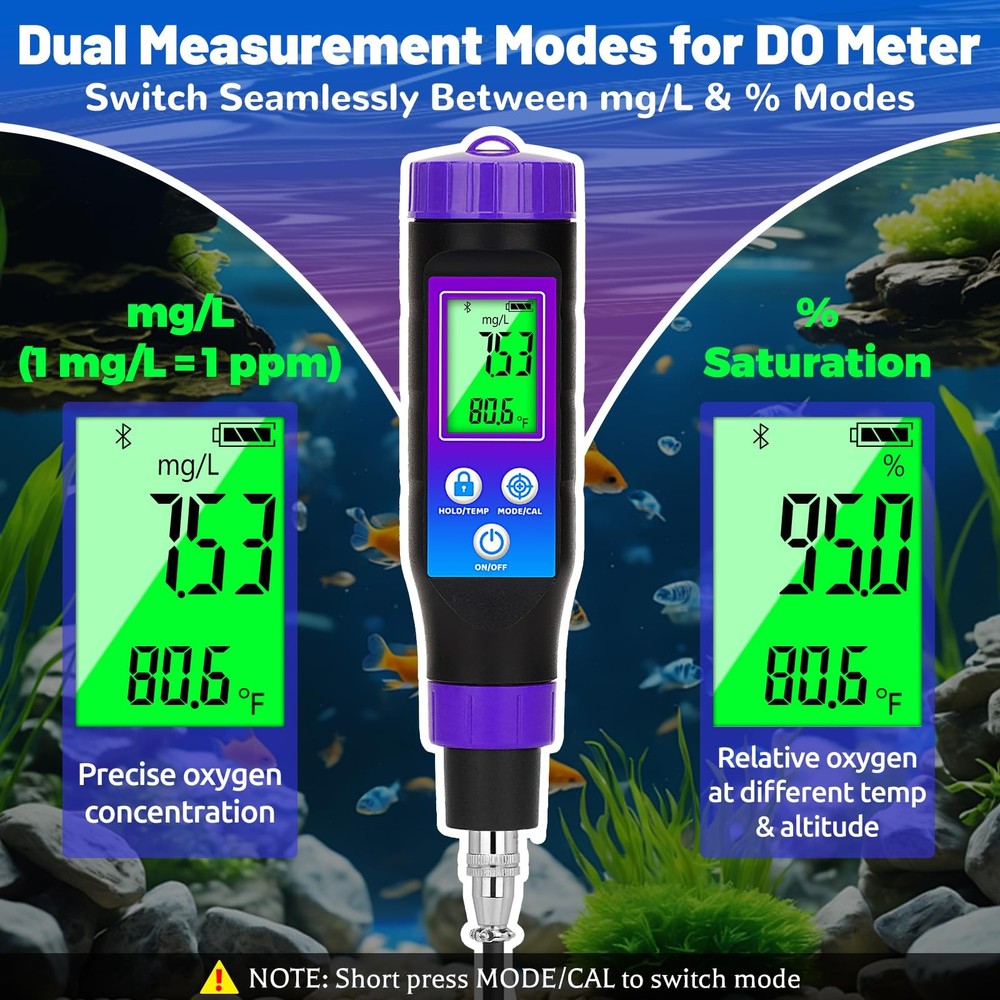 Smart Dissolved Oxygen Meter with 3.6ft Probe Cable, Portable DO Meter with E...