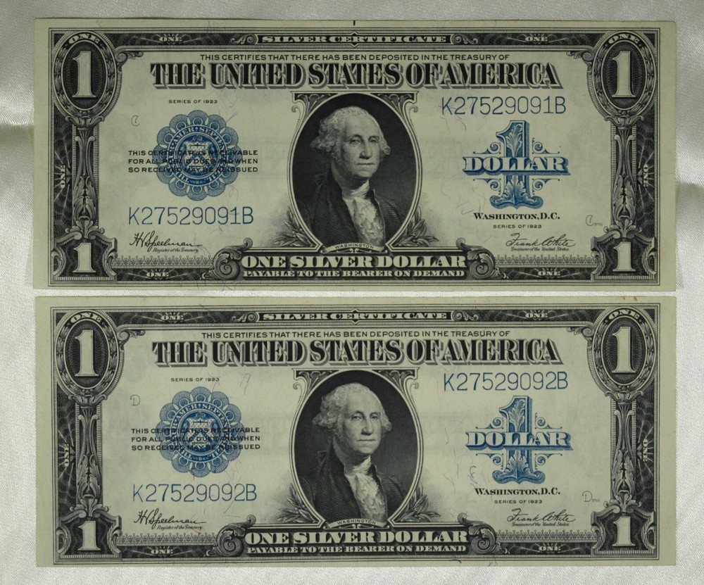 2 Consecutive Numbered $1 Large Size Silver Certificates. AU/CU