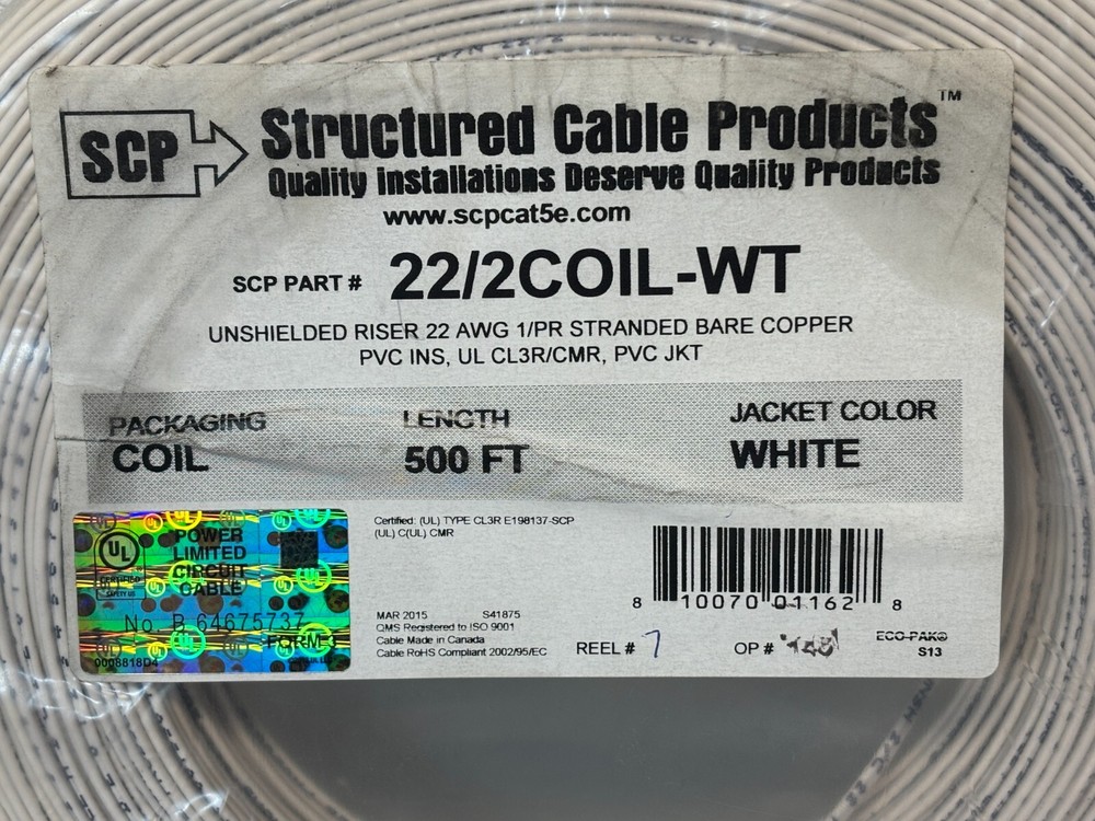 Structured Cable Products, SCP 22/2COIL-WT UNSHIELDED RISER 22 AWG 500ft - NEW!