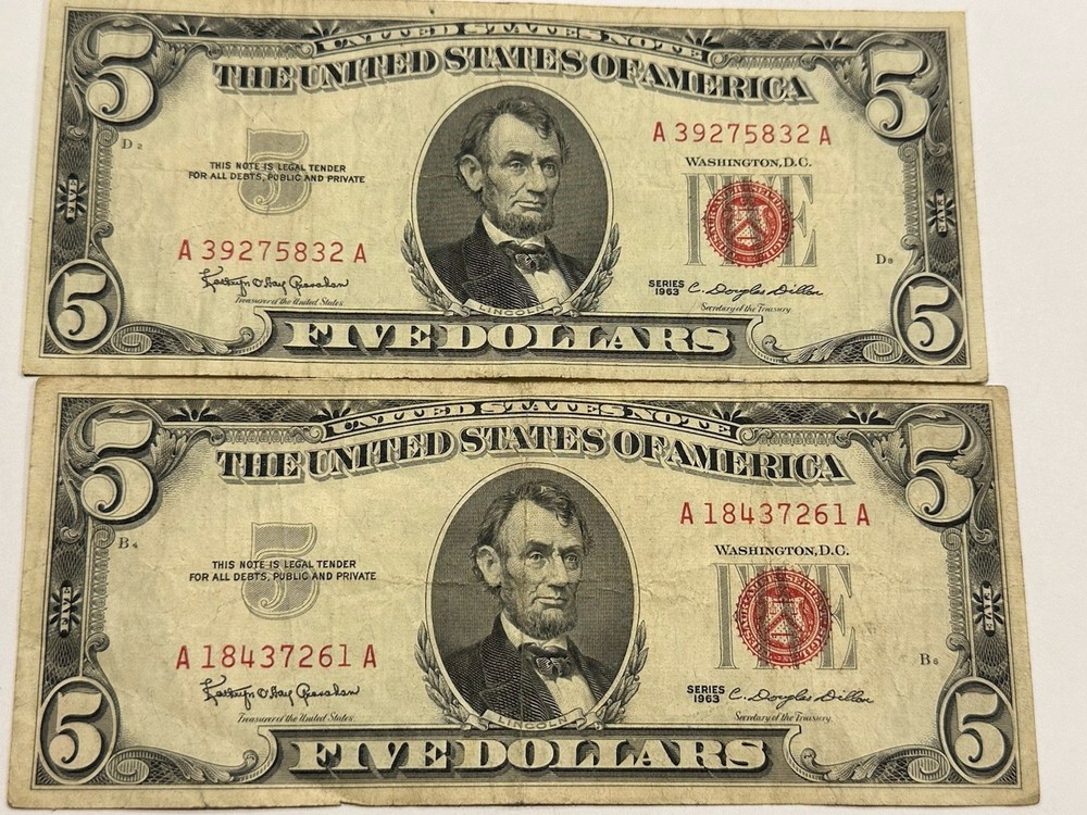 1963 $5 Dollar Red Seal Notes (2) Good Shape (whole) D125