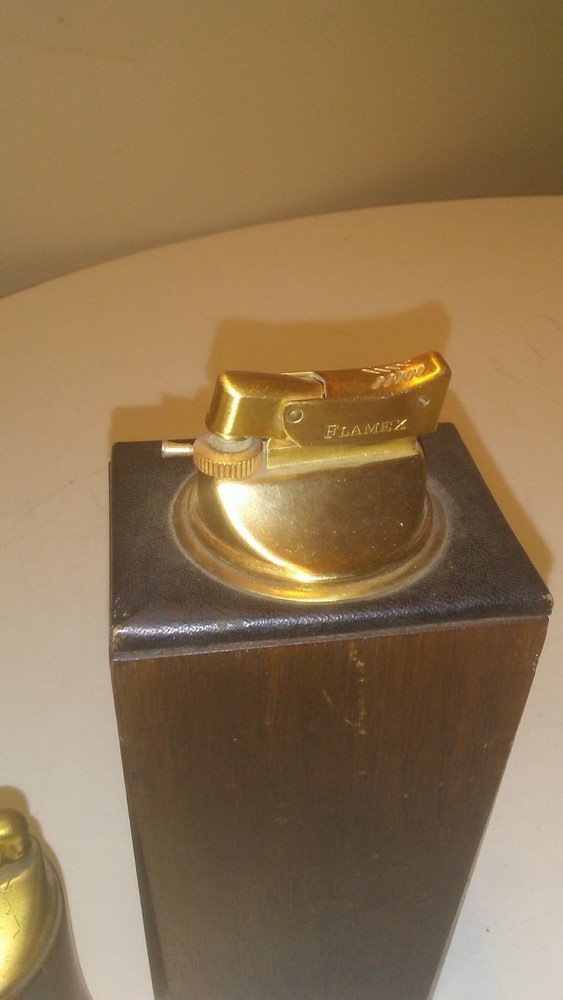 MODERNIST MCM TABLE LIGHTER PAIR WOOD LEATHER TEAK WALNUT