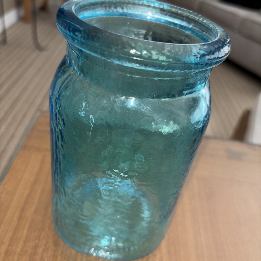 Blue Hammered Texted Decorative Glass Jar/vase Square Base
